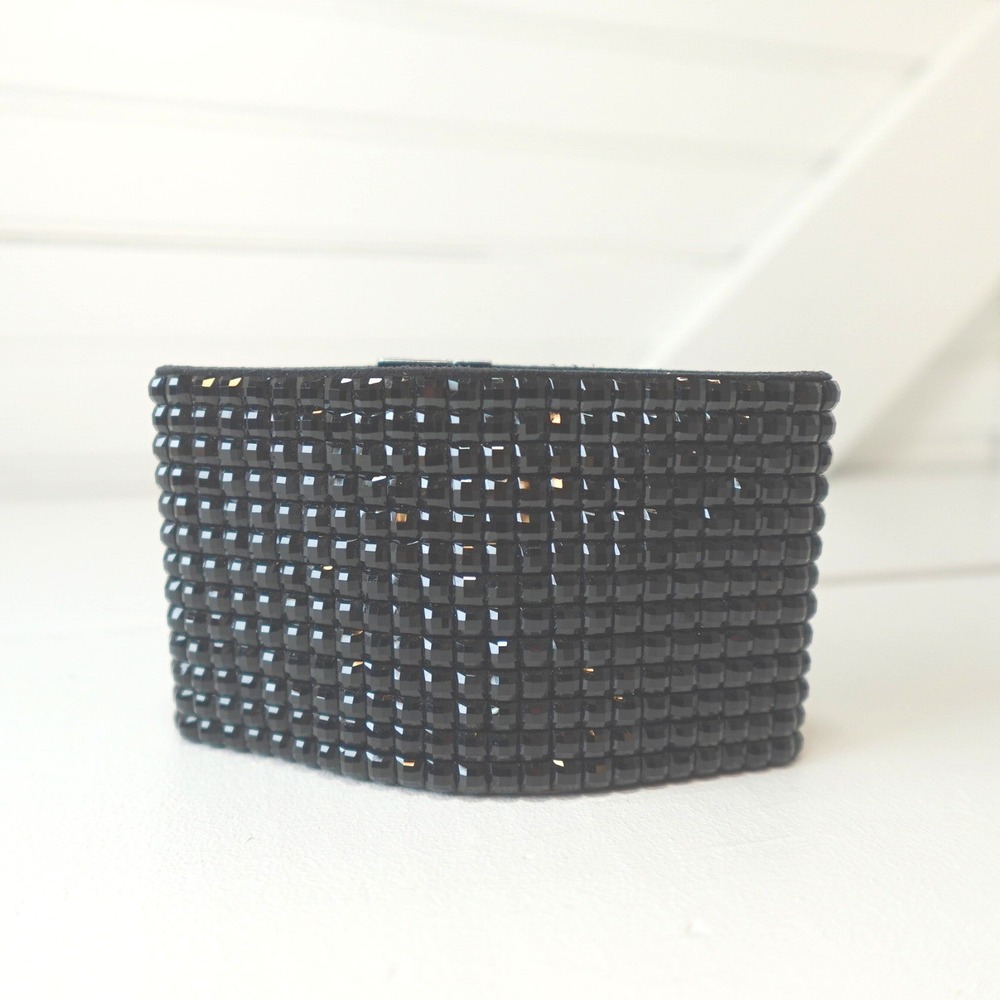New Y2K Black Rhinestone Chunky Wrap Cuff Bracelet Wide Silver Magnet Clasp